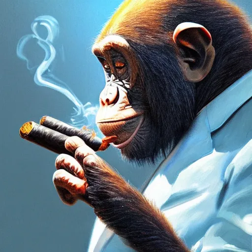 Image similar to a chimp wearing a suit smoking a cigar, dramatic lighting, cinematic, establishing shot, extremly high detail, photorealistic, cinematic lighting, artstation, style by James Gurney