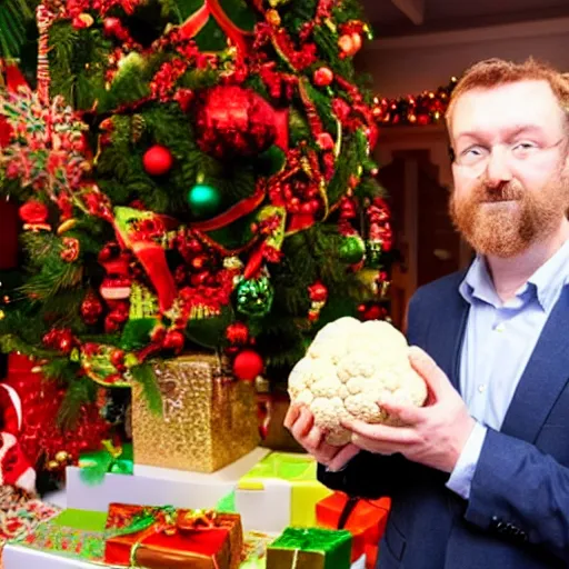 Prompt: David Mitchell admiring traditional christmas cauliflower