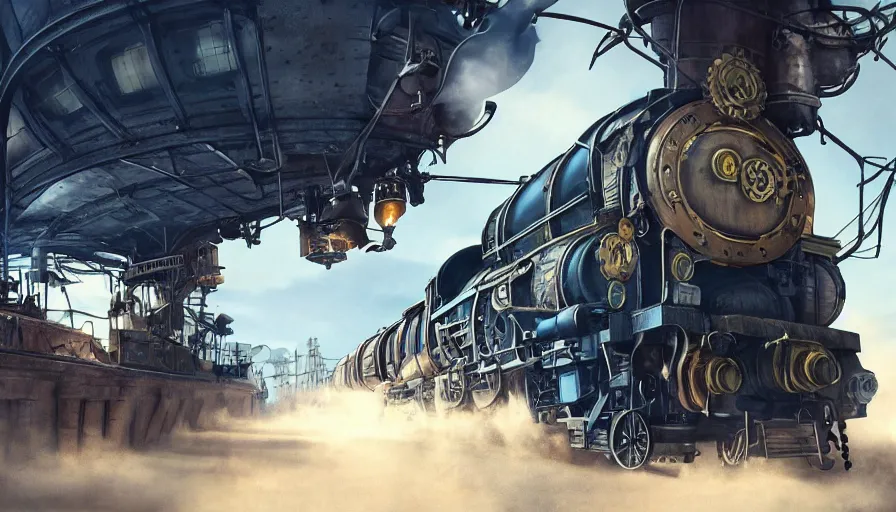 Prompt: steampunk locomotive, cinematic, low angle, dramatic lighting, artstation, cgsociety, octane render, blue leds