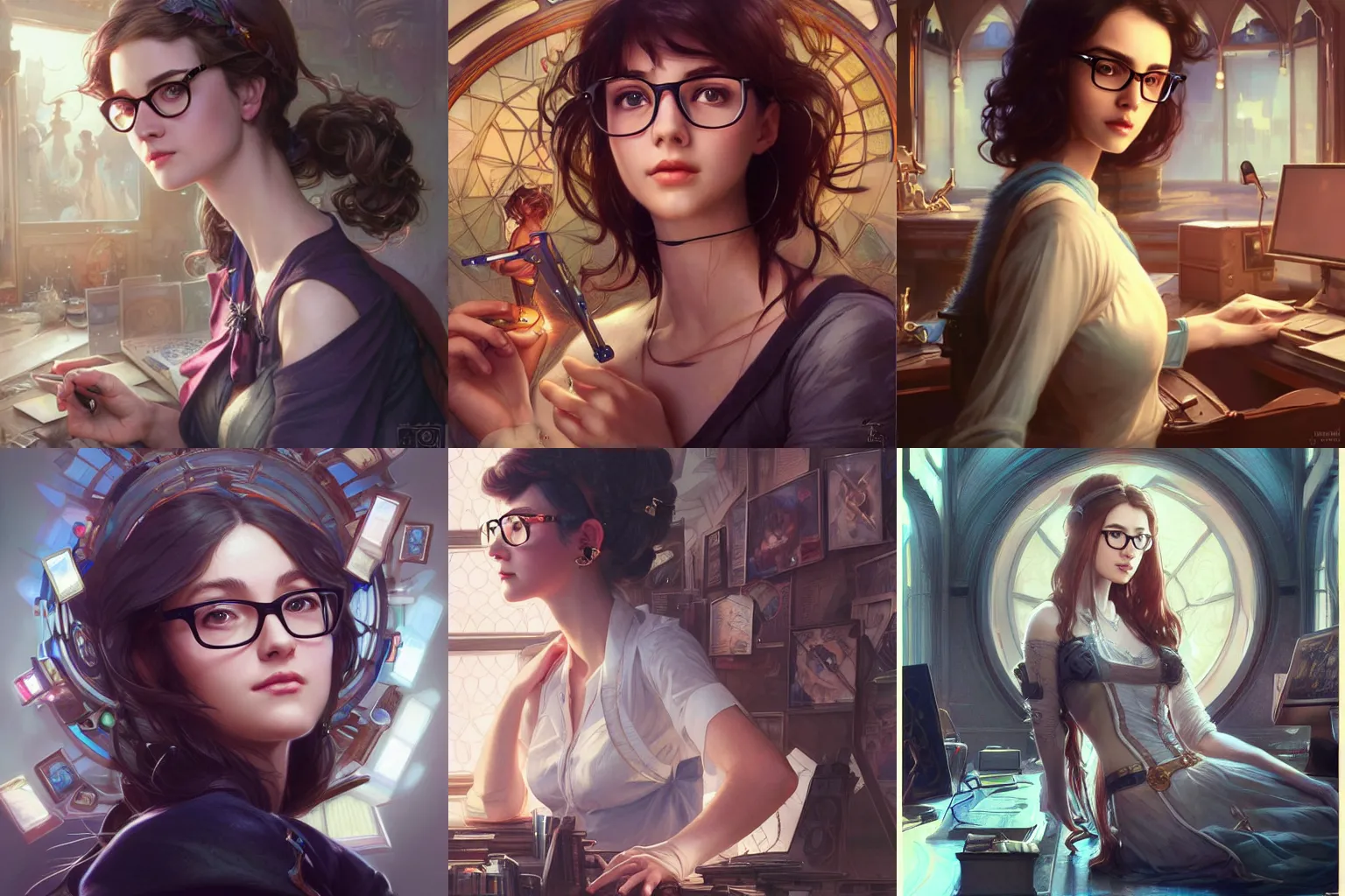 Prompt: an IT girl with glasses who is a nerd, surrounded by Computers, D&D, fantasy, intricate, cinematic lighting, highly detailed, digital painting, artstation, concept art, smooth, sharp focus, illustration, art by Artgerm and Greg Rutkowski and Alphonse Mucha