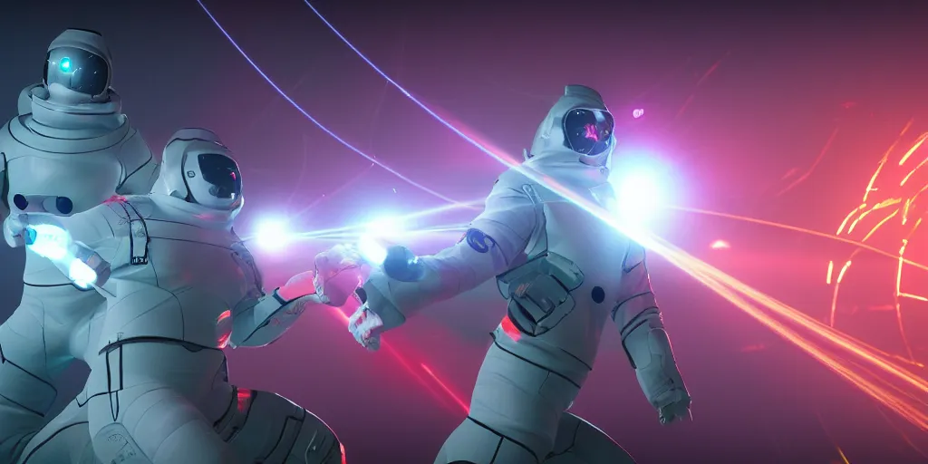 Image similar to futuristic spacemen firing lasers in zero gravity, skintight suits, floating, floating polygon shapes as obstacles, surrounded by a laser grid, unreal engine, lensflares, low perspective