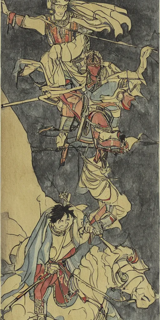 Prompt: man riding a chariot colored and drawn by Shuichi Shigeno