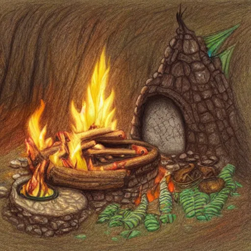 Prompt: a dragon native living in a small clay hut near a campfire, extremely stunning and detailed colored pencil drawing