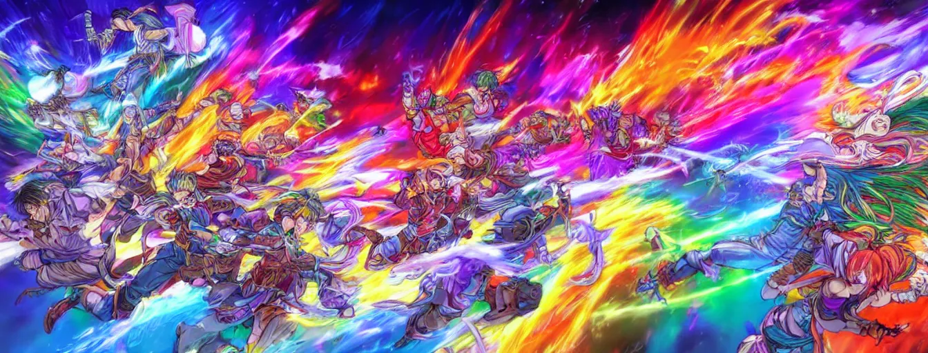 Prompt: super intensely colorful rainbow souls fighting on a battlefield with spirit power flying around. hyperrealistic anime background illustration by kim jung gi, colorful, extremely detailed intricate linework, smooth, super sharp focus, bright colors, high contrast, matte, octopath traveler, unreal engine 5 highly rendered, global illumination, radiant light