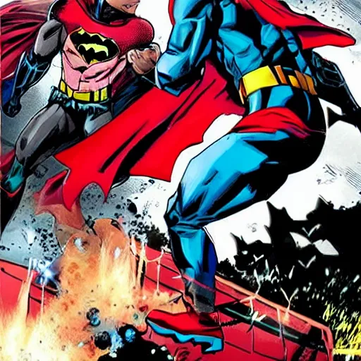 Prompt: Dark black Batman, Light Red Blue Superman, Fighting destroyed city