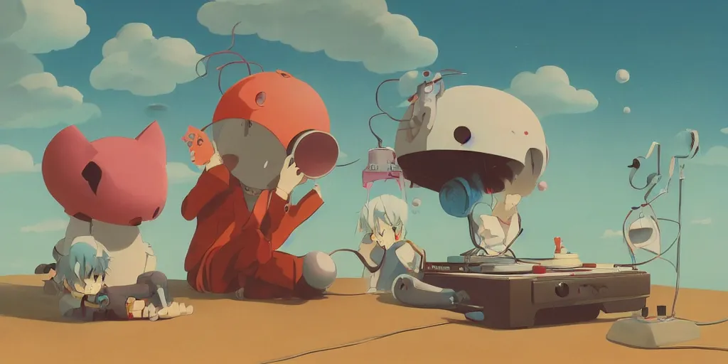 Image similar to cute anime monsters listening to record players by Goro Fujita and Simon Stalenhag and Kandinsky and Magritte, 8k, trending on artstation, hyper detailed, cinematic