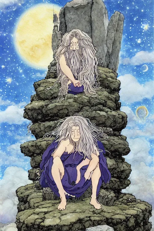 Image similar to a hyperrealist studio ghibli watercolor fantasy concept art of a giant long haired grey witch in lotus position sitting on top of stonehenge with a starry sky in the background. a ufo is in the sky. by rebecca guay, michael kaluta, charles vess