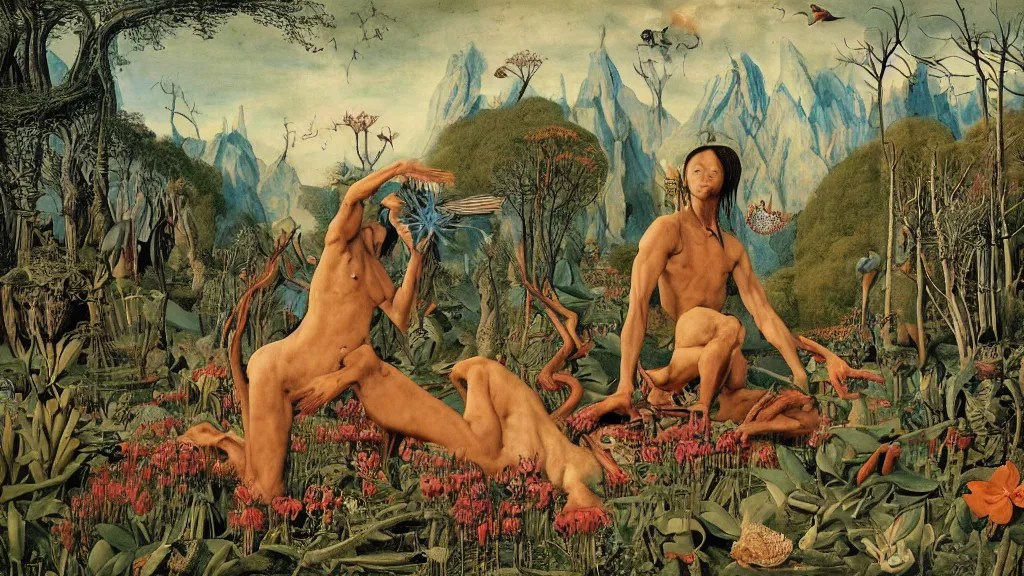 Image similar to a photograph of a meditating centaur shaman mutating into a savage fanged beast. surrounded by bulbous flowers and a few trees. river delta with mountains under a blue sky full of burning stars and birds. painted by jan van eyck, max ernst, ernst haeckel, ernst fuchs and artgerm. trending on artstation, fashion editorial