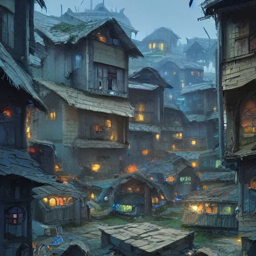 Image similar to smurf village as slums, greg rutkowski, detailed,