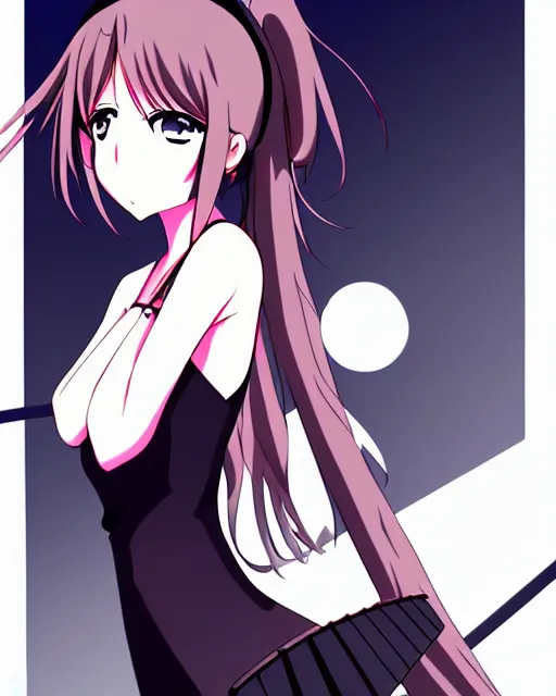 Image similar to female anime girl, black dress, rooftop party, symmetrical faces and eyes symmetrical body, middle shot waist up, airplane hanger background, Madhouse anime studios, Black Lagoon, Wit studio anime, romantic lighting, 2D animation