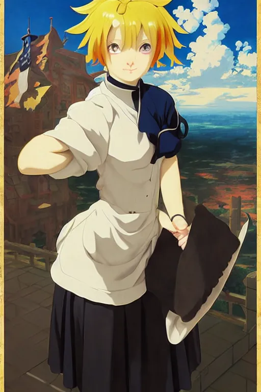 Image similar to baroque oil painting of propaganda poster anime key visual full portrait, young anime maid black canvas nazi uniform, blonde hair blue eyes, brutalist dark fantasy, rule of thirds golden ratio, fake detail, trending pixiv fanbox, acrylic palette knife, painted by makoto shinkai genshin impact studio ghibli jamie wyeth greg rutkowski chiho aoshima