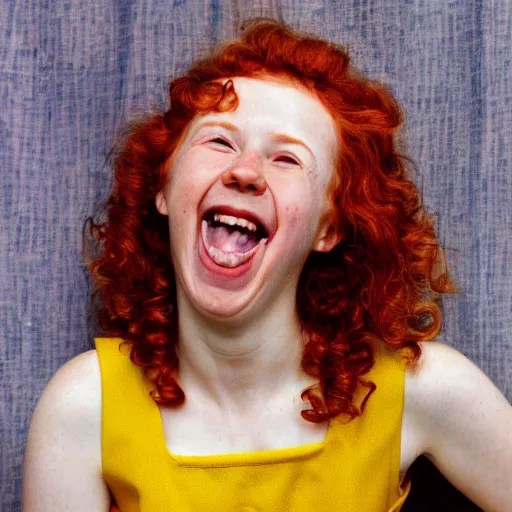 Image similar to Sophia Lillis with long, curly red hair, she is laughing, she is wearing a yellow dress, portrait by Norman Rockwell,