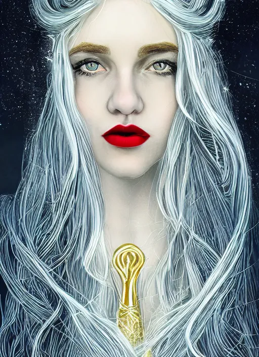 Image similar to glowing silver and golden elements, full close-up portrait, young woman with magical eyes, red lipstick, blonde hair, hood, as a dark witch in front of the full big moon, book cover, green forest, red white black colors, establishing shot, extremly high detail, foto realistic, cinematic lighting, pen and ink, intricate line drawings, by Yoshitaka Amano, Ruan Jia, Kentaro Miura, Artgerm, post processed, concept art, artstation, matte painting, style by eddie, raphael lacoste, alex ross