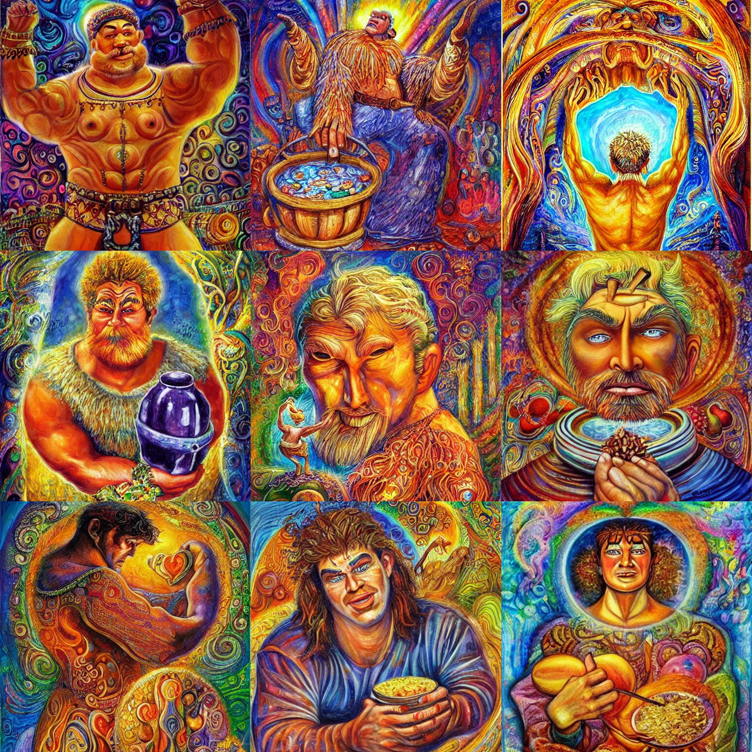 Prompt: Big Man, Big Oatmeal, the god of oatmeal, painting by Josephine Wall