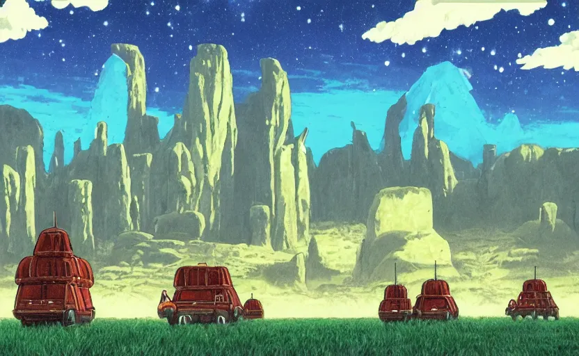 Image similar to a realistic cell - shaded studio ghibli concept art from paprika ( 2 0 0 6 ) of a cubic multi - colored rocketship from close encounters of the third kind ( 1 9 7 7 ) in a flooded monument valley stonehenge jungle jungle on a misty starry night. a camel caravan is in the foreground. very dull colors, portal, hd, 4 k, hq