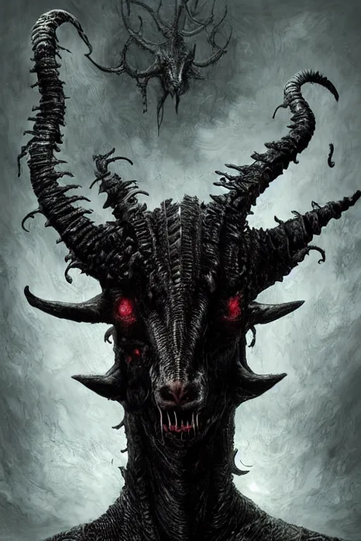 Image similar to portrait of the black goat of shub niggurath by hr giger, greg rutkowski, luis royo and wayne barlowe as a diablo, resident evil, dark souls, bloodborne monster