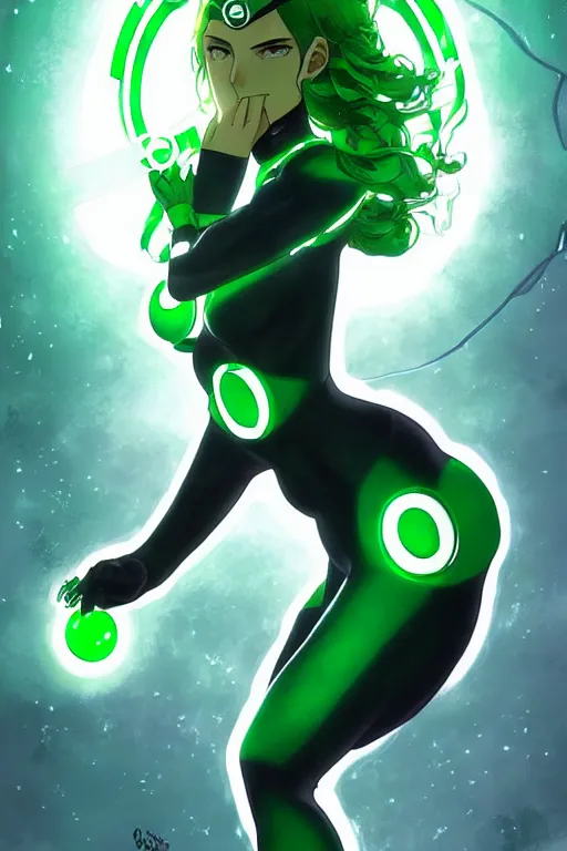 Image similar to anime key visual of a beautiful young female green lantern!! intricate, green and black suit, glowing, powers, dc comics, cinematic, stunning, highly detailed, digital painting, artstation, smooth, hard focus, illustration, art by artgerm and greg rutkowski and alphonse mucha