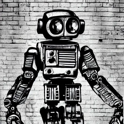 Image similar to chappie robot graffiti, black and white zef design graffiti on the wall, dark lighting, digital art