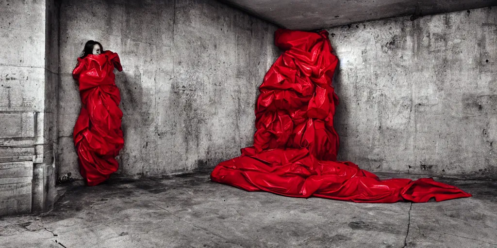 Image similar to photography of a gigantic wall built with red garbage bags, photography by Annie Leibovitz and david lachapelle, photography award winning, rule of thirds, golden ratio, phi