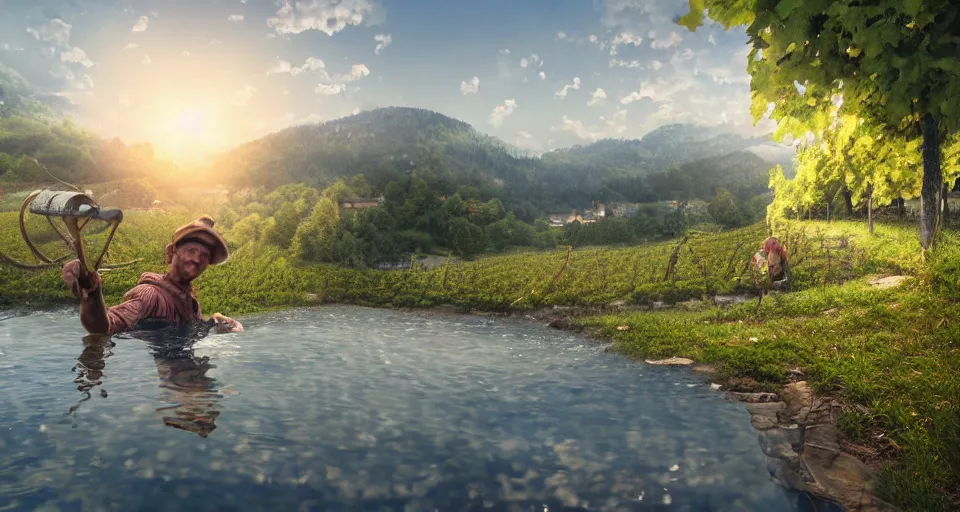 Prompt: A beautiful hyper realistic ultra detailed lifelike matte painting of traditional austrian vineyard worker, water reflection, unreal engine, deviantart, flickr, artstation, octane render, textured, colorful, extreme realistic detail, physically based rendering, pbr render, very detailed, volumetric lighting, detailed lighting, octane render, 4k, cinematic lighting, 8k resolution