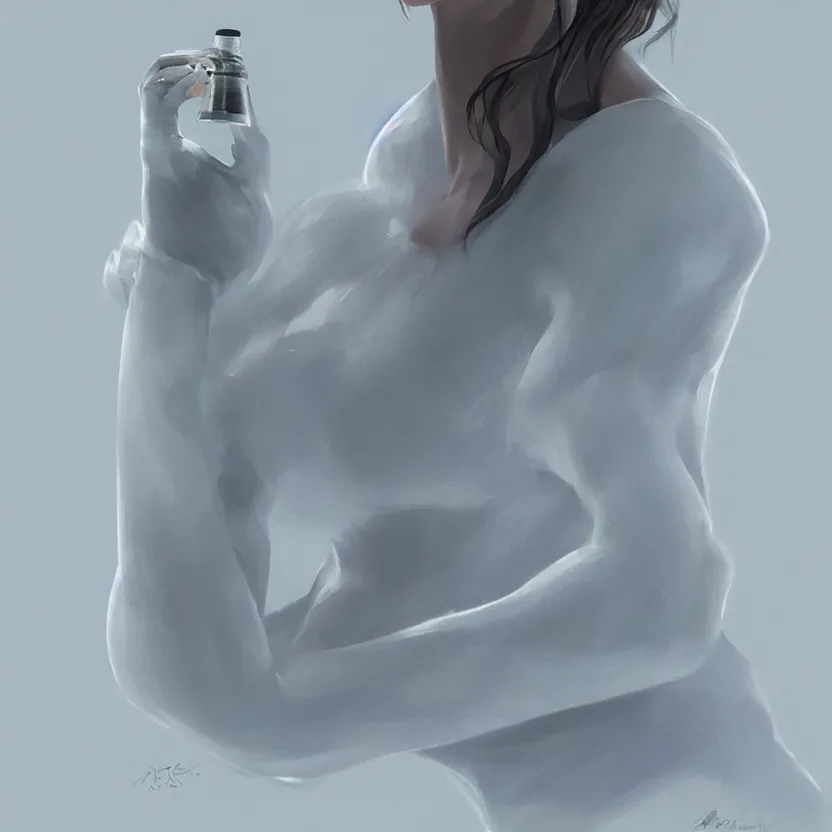 Image similar to concept art of white dietary supplement designed by porsche in a transparent bottle with big black sticker on it, by aenaluck, artgerm and roberto ferri and greg rutkowski, light blue and white tones, digital painting, artstation, concept art, smooth, sharp foccus ilustration hq