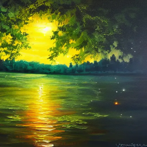 Image similar to lake, trees, night, fireflies glowing above water, painting, concept art,