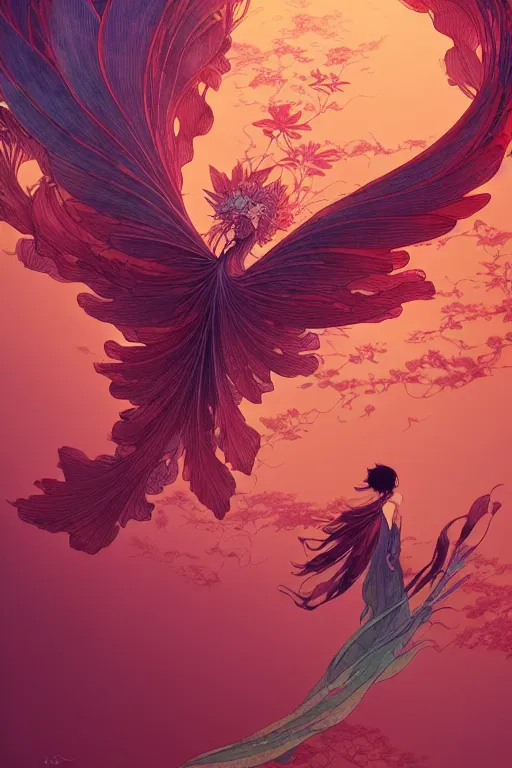 Image similar to a beautiful exquisite delicate hyperdetailed character design 4 k wallpaper illustration of a huge reddish phoenix, victo ngai style, from china, style of studio ghibli, makoto shinkai, raphael lacoste, louis comfort tiffany, denoise, deblurring, artgerm, xision, james jean, ross tran, chinese style