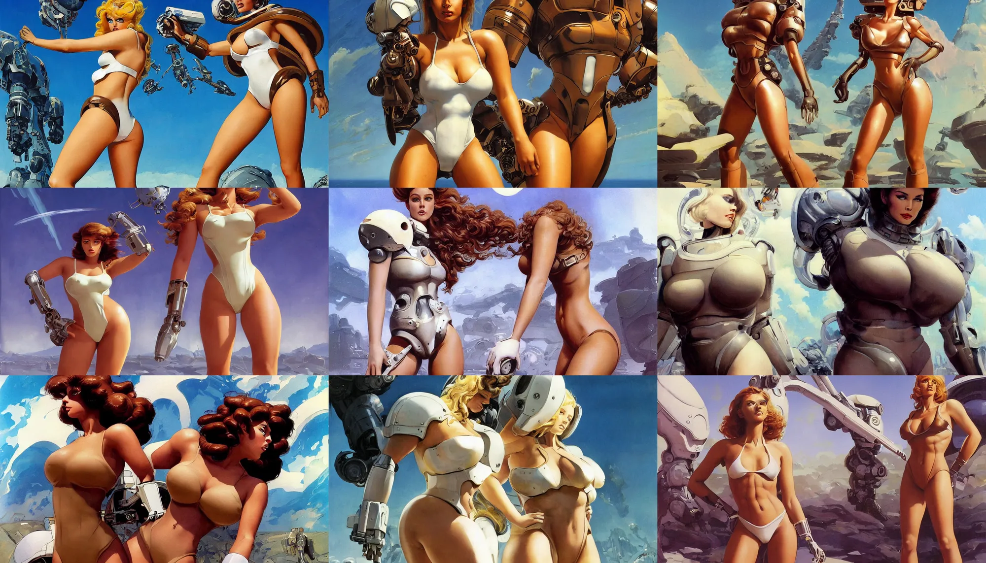 Prompt: A mixed media portrait painting of a very beautiful light-brown-hair woman on an alien planet, very curvy, aesthetic! high-waisted white-bikini-futuristic-armor and boots, aesthetic symmetrical face and eyes, model, wet, pacific-rim-mech in background, eighties pinup style, by Frank Frazetta, Boris Vallejo, Beeple, Greg Rutkowski, Christian MacNevin, goddess, bombshell, epic fantasy character art, high fantasy, CGsociety, exquisite detail, post-processing, masterpiece, cinematic