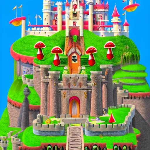 Image similar to large fantasy castle in the style of peaches castle in super mario, giant red and white spotted mushrooms, exotic flowers, roses, in a huge garden, sharp rays of sunlight, mortal engines howls moving castle, distant - mid - shot, fantasy, hyper detailed, 4 k