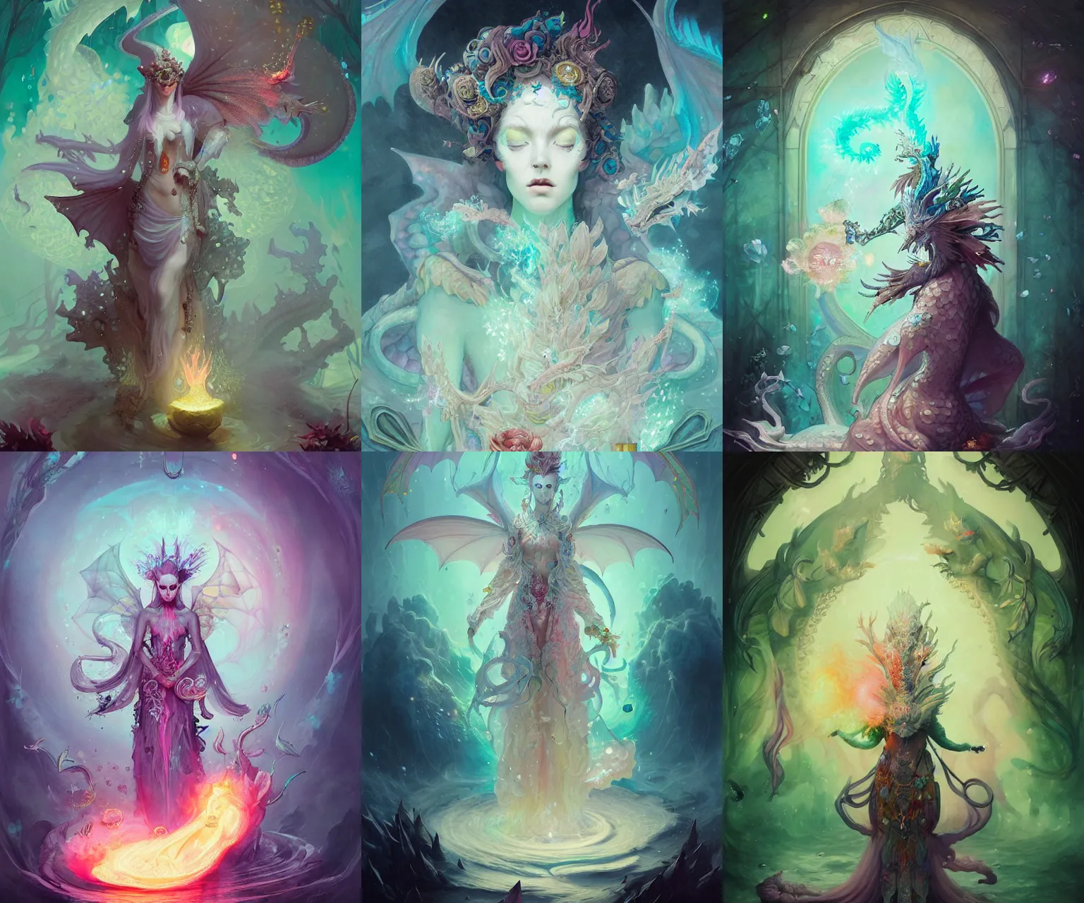 Prompt: pastel dragon priestess portrait, intricate draconic gown adorning flowery shards and magma obsidian trim, liquid smoke, underwater glow, peter mohrbacher, ismail inceoglu, james jean