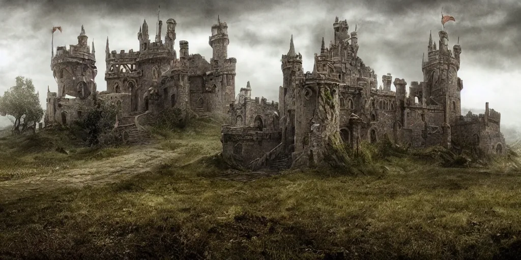 Prompt: matte painting, castle, dramatic landscape, overgrown, cinematic, overcast