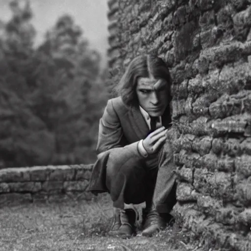 Image similar to Still of a movie set in the 1930s where a terrified young man with long hair is crouched up against a stone wall. He is looking utterly panicked and distressed