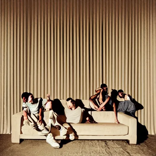 Prompt: gang members chilling around dirty couch in a beige room sun barely shines through the blinds jonathan zawada style photography