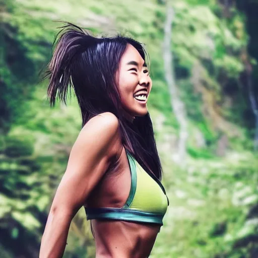 Image similar to beautiful half Vietnamese tanned woman, toned, rock climber, green streaks in hair, instagram, smiling, fitness wear, portrait, photorealistic