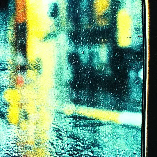 Image similar to grainy abstract experimental expired film photo of a taxi on a back ally, in 1 9 6 0 s new york city by saul leiter, 5 0 mm lens, cinematic colors, reflection, rain drops, cinestill 8 0 0 t