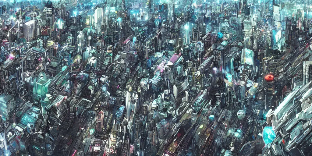 Image similar to Wide angle shot of a densely packed futuristic city, landscape, sci-fi, cyberpunk, Digital art, detailed, anime, artist Katsuhiro Otomo