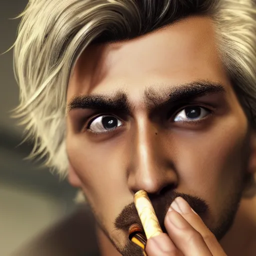 Image similar to a closeup photo of handsome gigachad xqc smoking a cigar, 8k photorealism, extremly detailed, trending on artstation