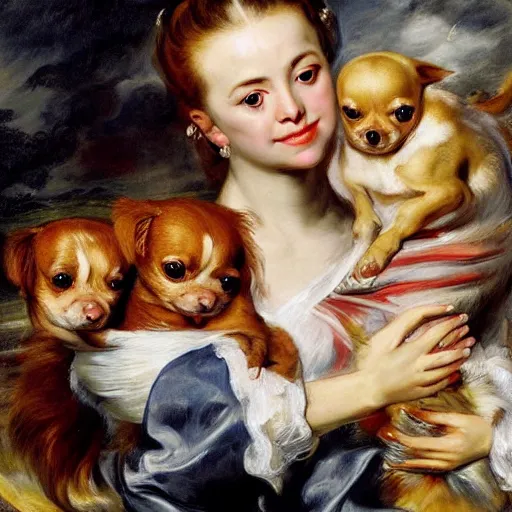 Image similar to heavenly summer sharp land sphere scallop well dressed lady holding little chihuahua in her arms, auslese, by peter paul rubens and eugene delacroix and karol bak, hyperrealism, digital illustration, fauvist, holding little chihuahua in her arms