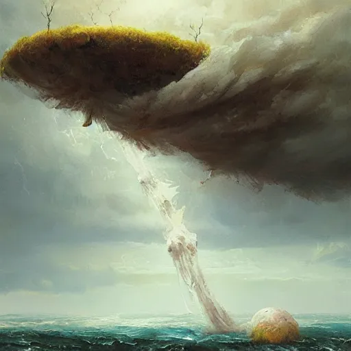 Image similar to floating island caught in a hurricane, oil painting, by greg rutkowski
