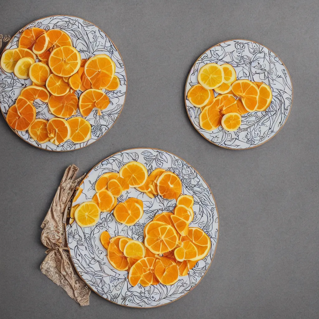 Image similar to very long circular bananas with cut orange slices and leaves, on art nouveau embroidered designer plate with flowery pattern closeup, hyper real, food photography, high quality