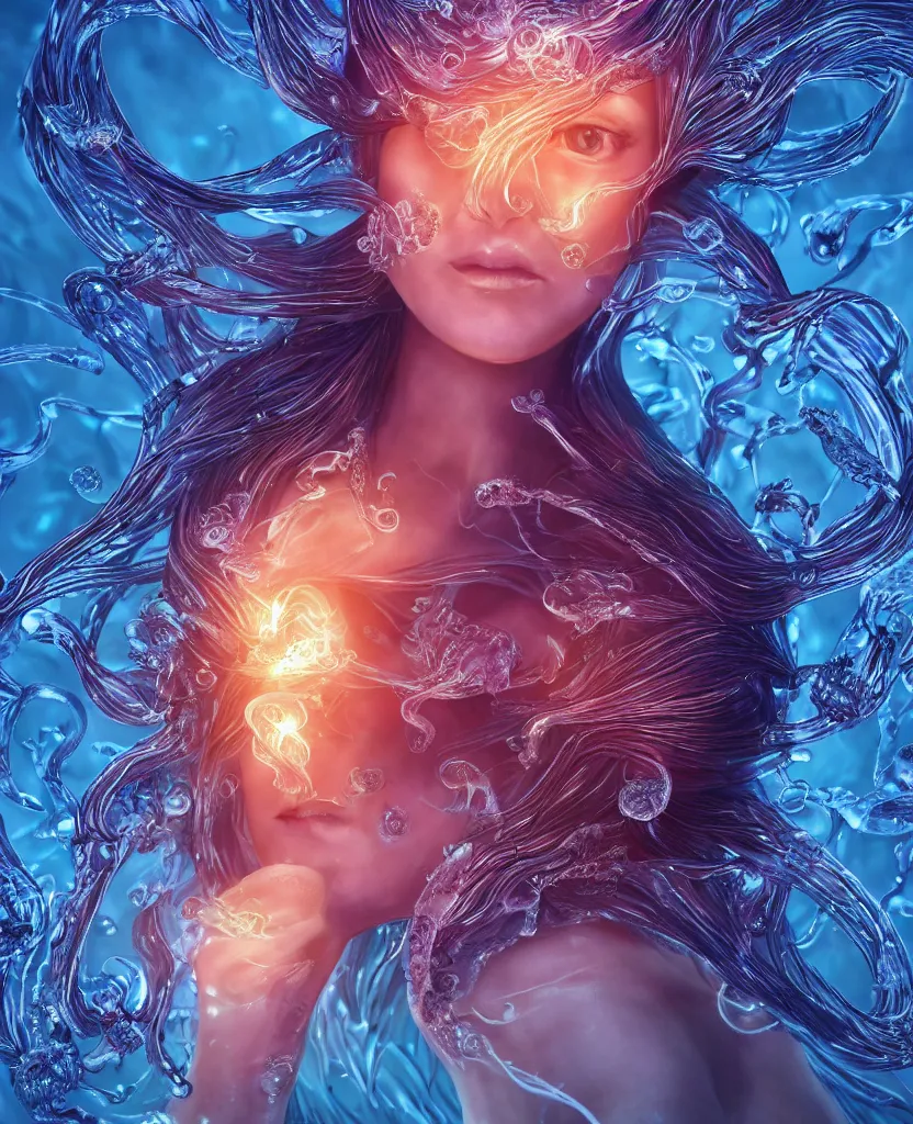 Image similar to close-up macro portrait of the face of a beautiful princess, epic angle and pose, symmetrical artwork, 3d with depth of field, blurred background, cybernetic jellyfish female face skull phoenix bird, translucent, nautilus, energy flows of water and fire. a highly detailed epic cinematic concept art CG render. made in Maya, Blender and Photoshop, octane render, excellent composition, cinematic dystopian brutalist atmosphere, dynamic dramatic cinematic lighting, aesthetic, very inspirational, arthouse. y Greg Rutkowski, Ilya Kuvshinov, WLOP, Stanley Artgerm Lau, Ruan Jia and Fenghua Zhong