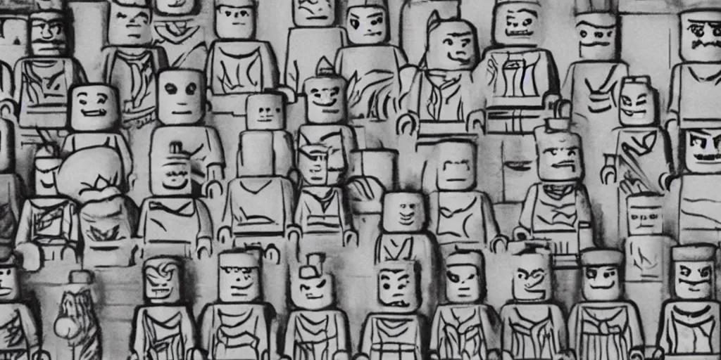 Image similar to charcoal drawing of lego minifigures as easter island heads