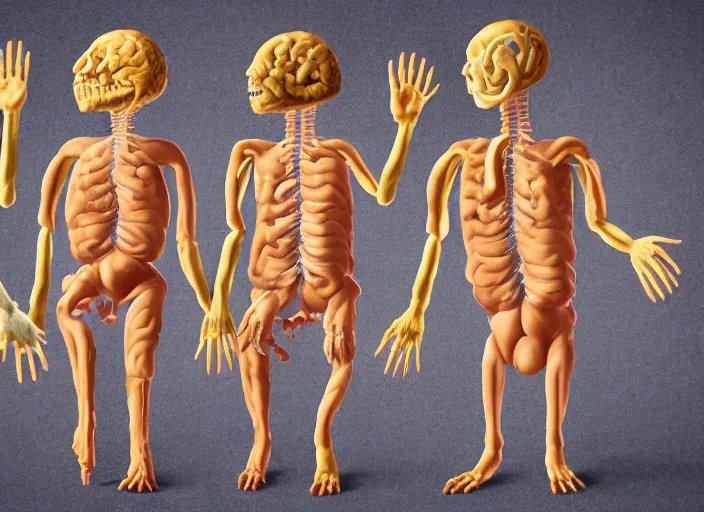 Prompt: a creature made out of 4 human arms and a brain