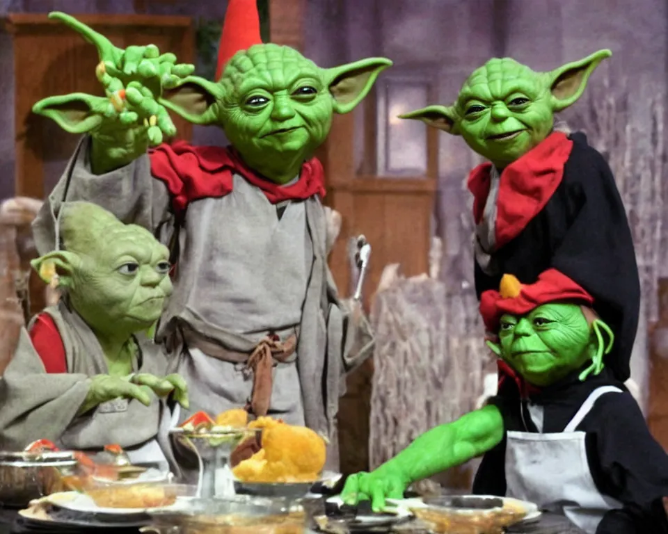 Image similar to yoda hosts a cookin show with an ugly clown, black and white