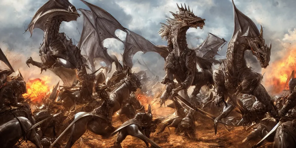 Image similar to detailed digital painting of a battle scene, mounted knights fighting against a dragon, cinematic shot, very detailed, unreal engine, hyper realism, realistic shading, cinematic composition, blender render, octane render, hdr, detailed textures, photorealistic, very wide shot, 1 6 mm lens