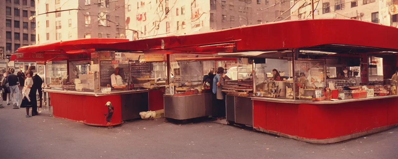 Image similar to medium shot, spaghetti food stand in downtown nyc, kodachrome, in the style of wes anderson, retro