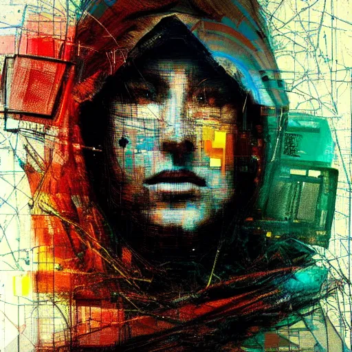 Prompt: portrait of a hooded character wearing a cyberpunk visor, digital ui, by Guy Denning, by Johannes Itten, by Russ Mills, glitch art, hacking effects, glitch effects, chromatic, color blocking, oil on canvas, concept art, abstract