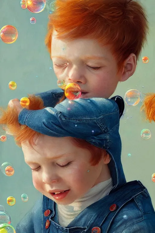 Image similar to a little boy with ginger hair wearing denim overalls chasing bubbles. clean elegant painting, beautiful detailed face, lots of bubbles. by artgerm and greg rutkowski