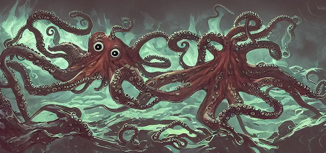 Image similar to concept art of octopus attack, lovecraftian, lots of teeth, melting horror, fighting the horrors of the unknown with laser guns