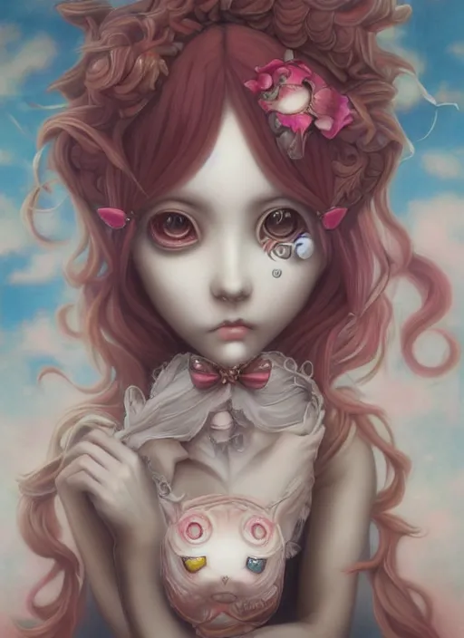 Image similar to pop surrealism, lowbrow art, anime 3 d art, realistic cute anime girl painting, japanese street fashion, hyper realism, muted colours, rococo, natalie shau, loreta lux, tom bagshaw, mark ryden, trevor brown style,